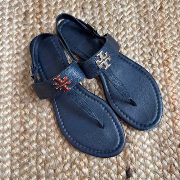 Tory Burch Shoes - Tory Burch 8M Blue Leather T Strap Sandal Flats Shoes Pebbled